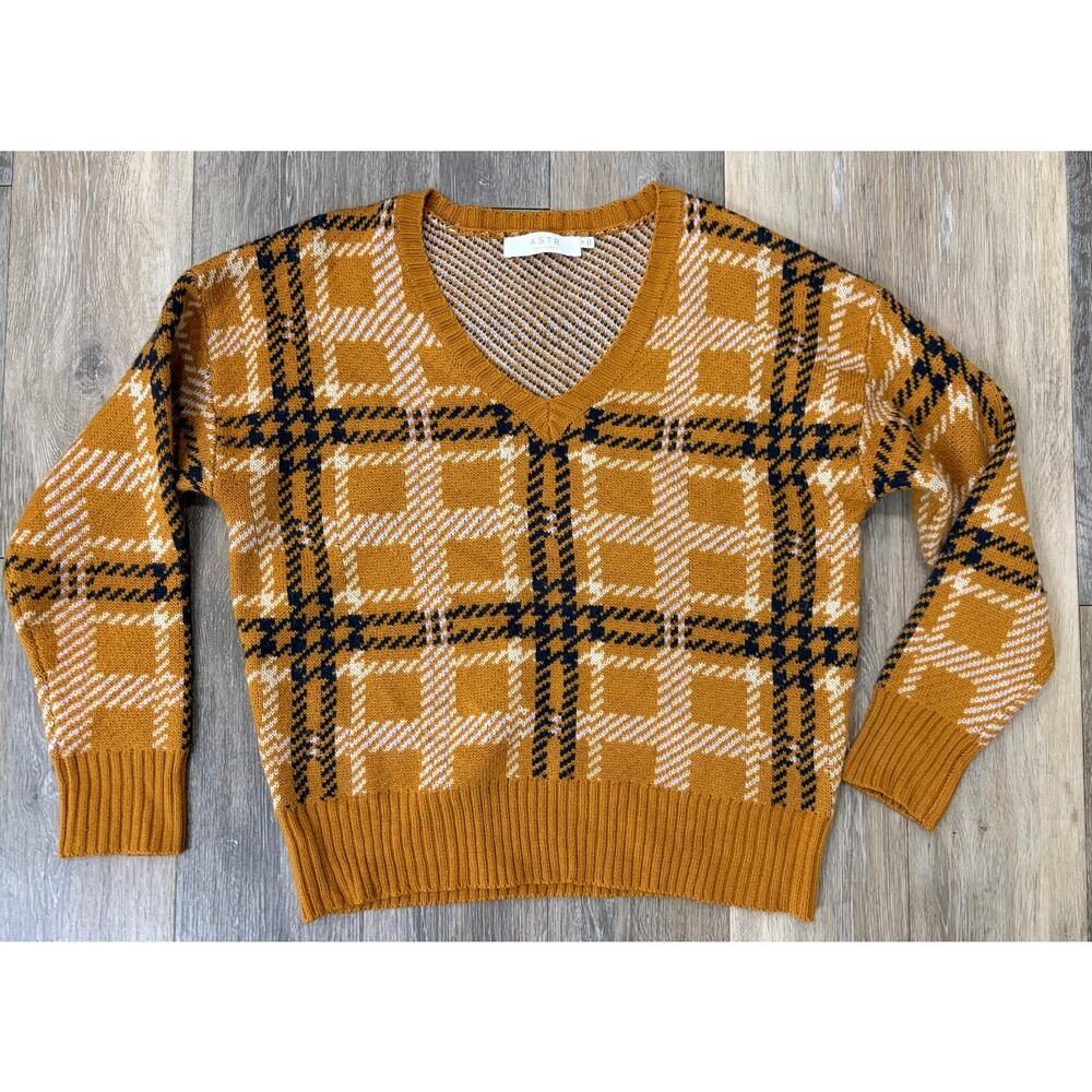 ASTR The Label Plaid Knit Sweater Mustard Brown V Neck Cropped Women’s Medium